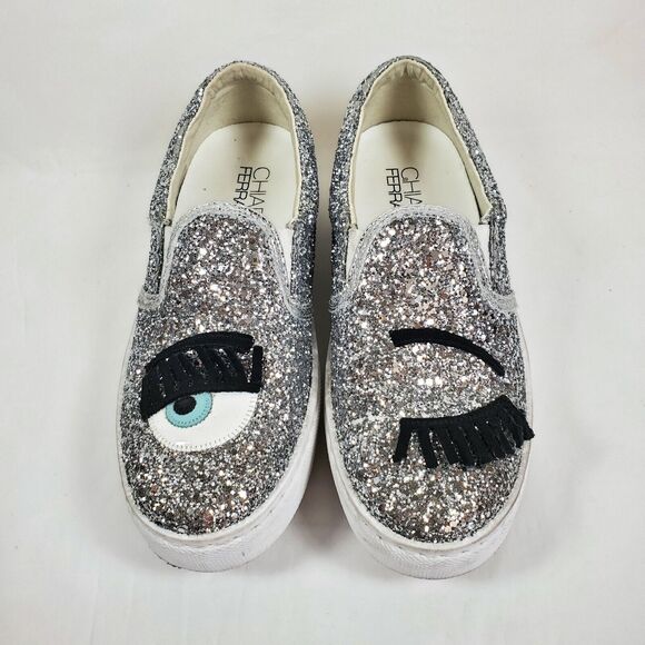Chiara Ferragni Flirting Winking Glitter Silver Sneakers EU Sz 36, US Sz 5.5 - Picture 1 of 8